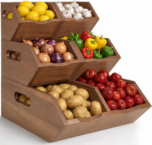 Stackable Storage Bins, 3 Tier Solid Acacia Wood Snack Produce Organizer | Amazon (US)