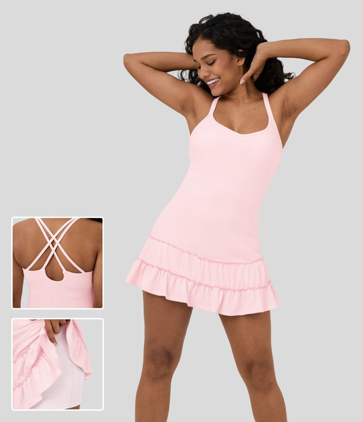 Ribbed Knit Sleeveless Backless Crisscross Frill 2-in-1 Mini Casual Dress | HALARA