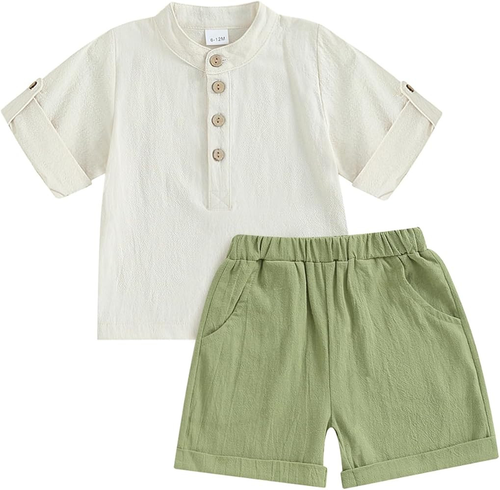 Karuedoo Toddler Baby Boy Clothes Cotton Linen Outfit Button Up Short Sleeve Henley Shirts and Sh... | Amazon (US)