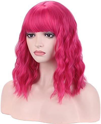BERON 14 Inches Hot Pink Wig Short Curly Wig Women Girl's Synthetic Wig Rose Red Wig with Bangs W... | Amazon (US)