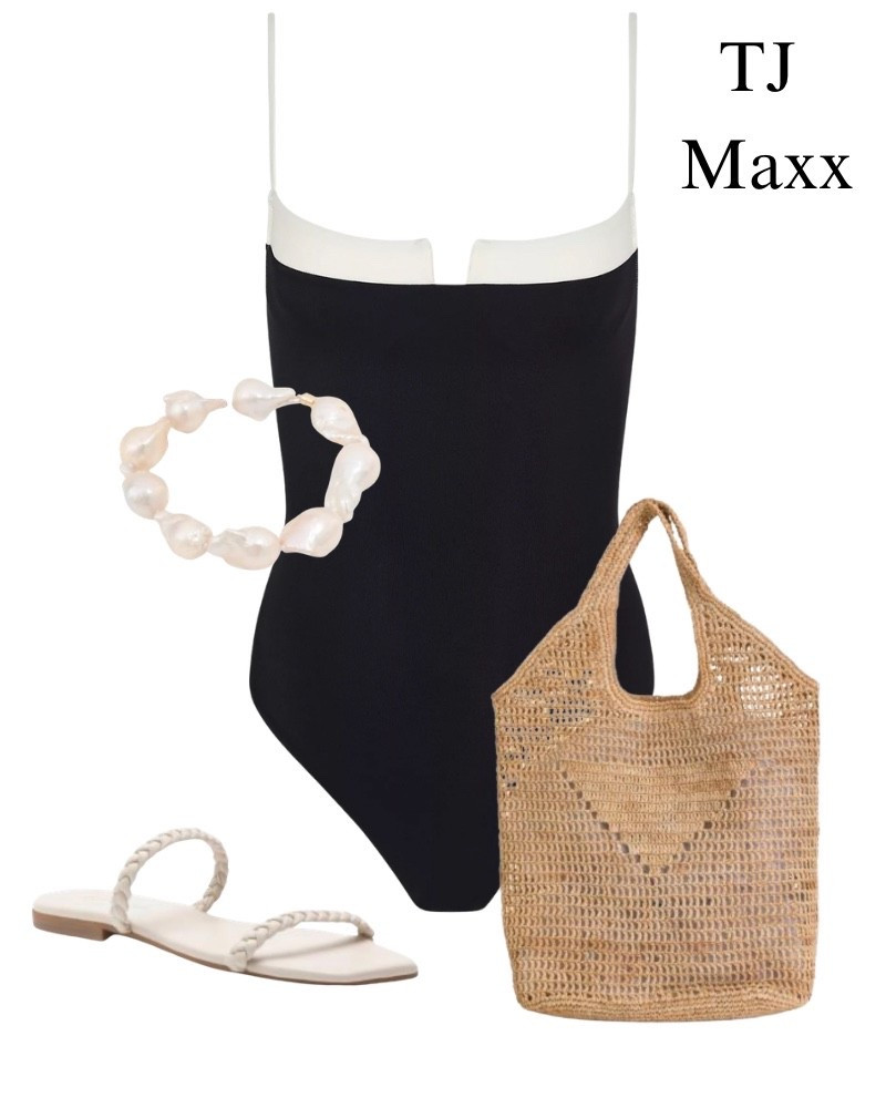 Beach look from TJ Maxx, black, one piece, swimsuit, white, pearl bracelet, flat sandals, pool, resort, woven tote, vacation, spring, summer.

#LTKSaleAlert #LTKootd #LTKSwim