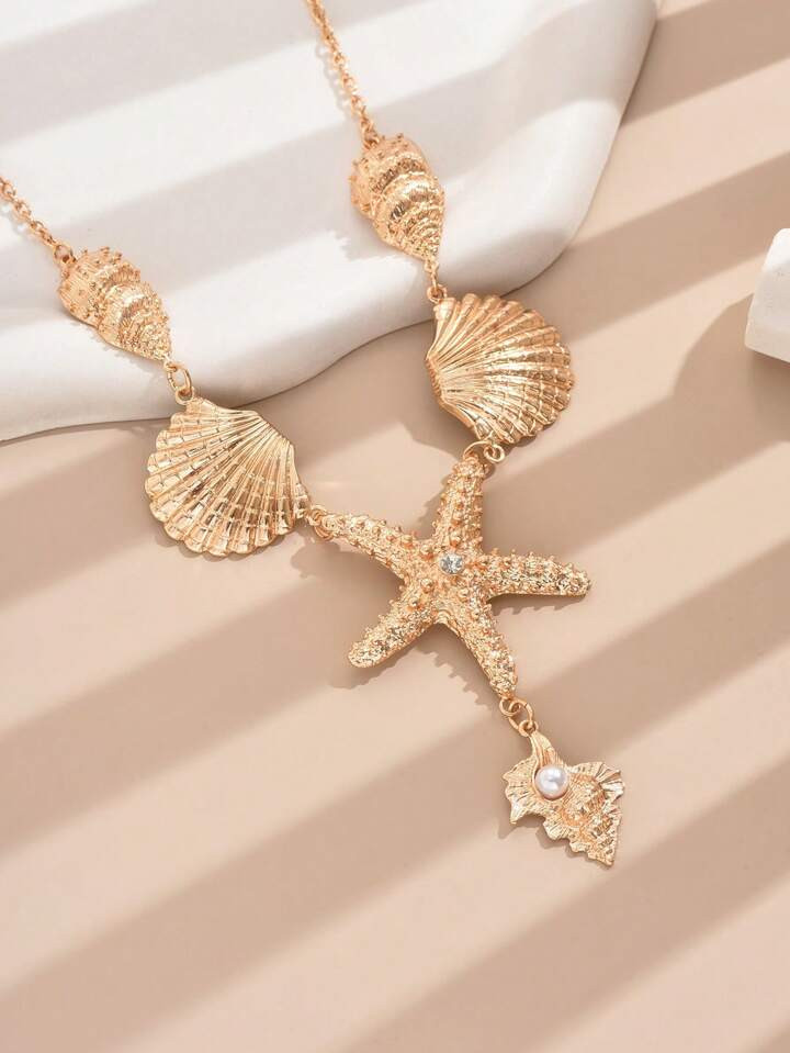 1pc Gold-Tone Exaggerated Y-Shaped Necklace With Oceanic Creatures Seastar, Shell And Conch Penda... | SHEIN