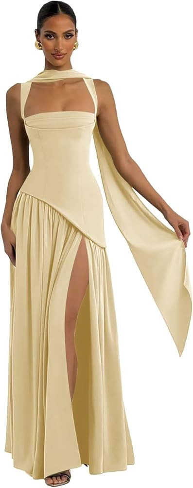 Spaghetti Straps Bridesmaid Dress for Women with Scarf Chiffon Halter Pleated A-Line Long Prom Dr... | Amazon (US)