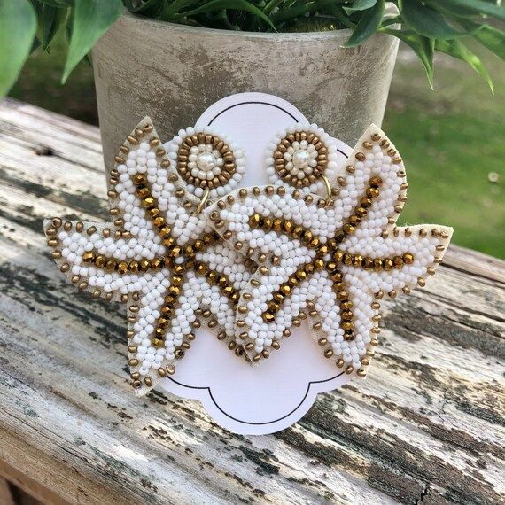 White & Gold Beaded Starfish Earrings  Jewelry Gift | Etsy | Etsy (US)