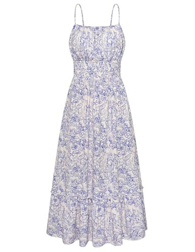 GRACE KARIN Summer Dresses for Women 2026 Vacation,Smocked Floral Maxi Dresses,Boho Beach Long Sundress Blue White Floral M | Amazon (US)