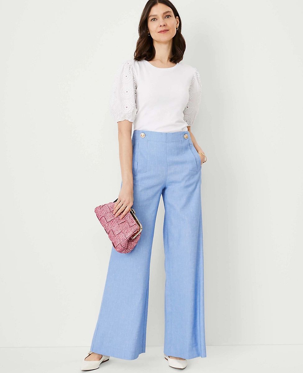 The Petite Wide Leg Sailor Palazzo Pant in Chambray | Ann Taylor (US)