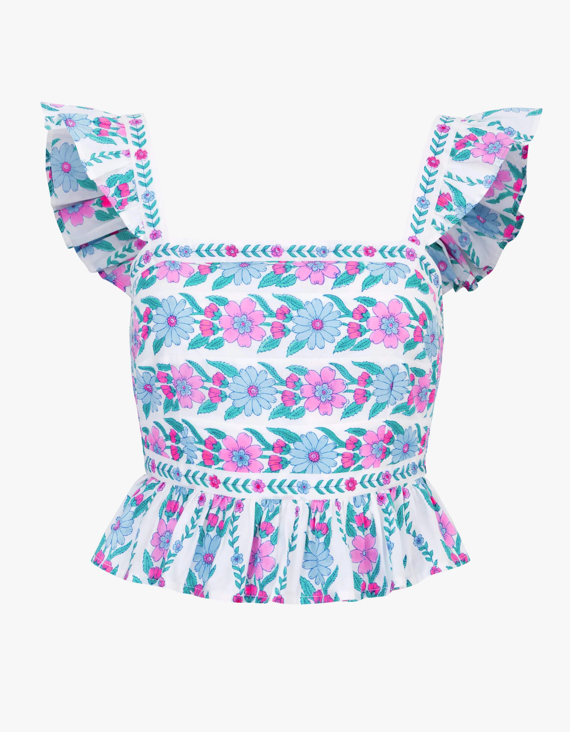 Freya Top | Blue, White & Pink Floral Top | Block Print Cotton | Pink City Prints UK