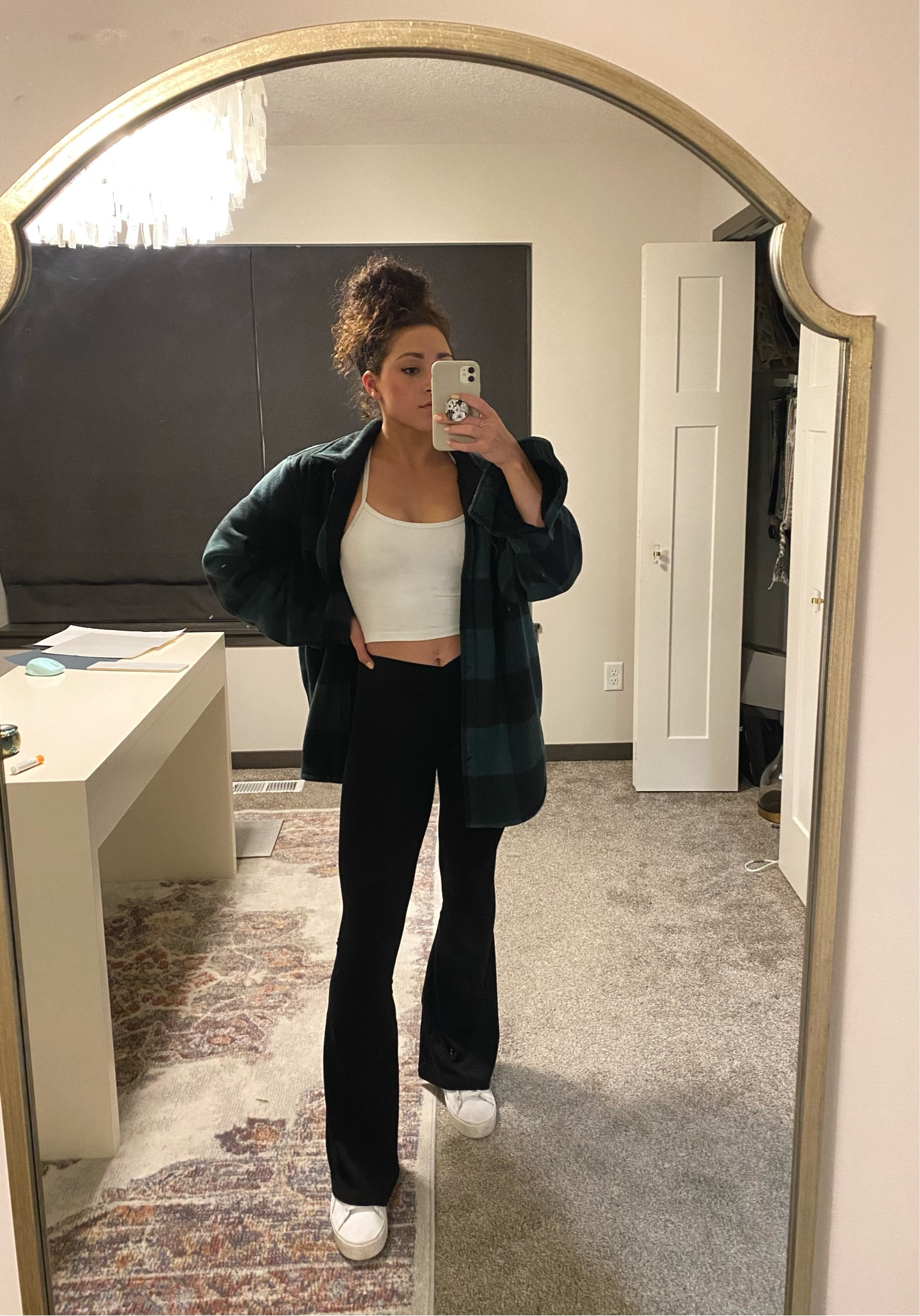 Casual Sunday football outfit! Flare leggings, white sports bra top, wool plaid shacket and white sneakers! Plus my home office mirror, light, desk and rug 🤍

#LTKfit #LTKhome