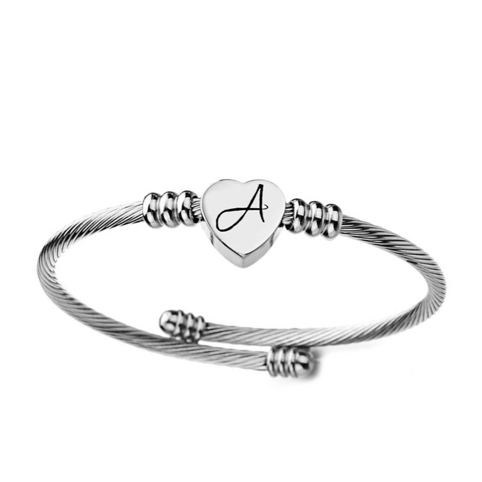 Stainless Steel Heart Initial Bangle | Jane