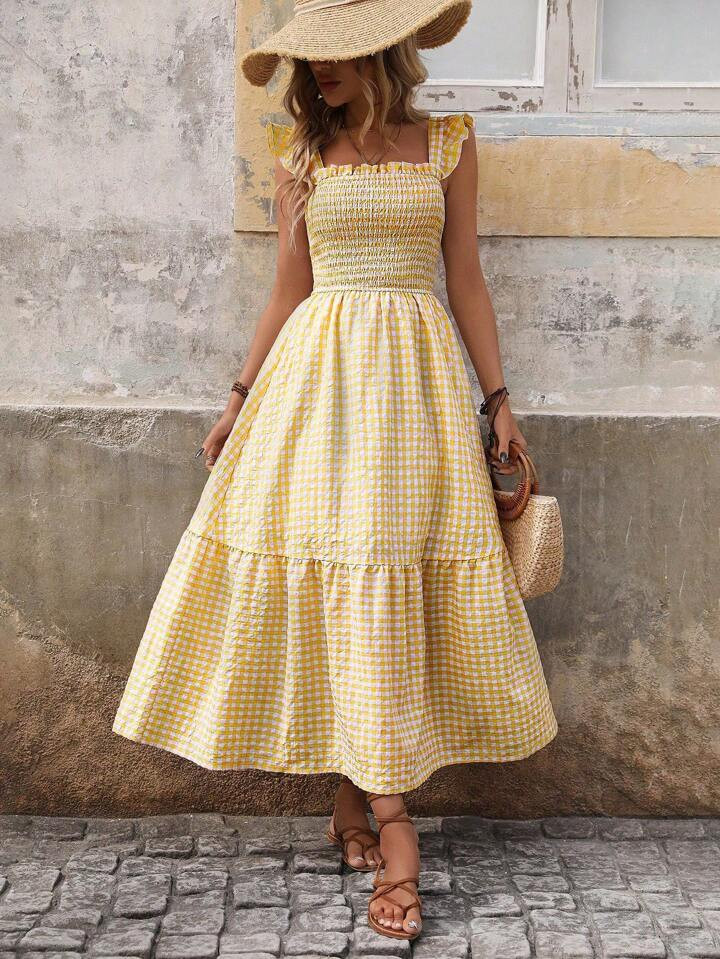 SHEIN Frenchy Women's Plaid & Printed Halter Neck Ruffle Hem Vacation Dress (Random Print) | SHEIN