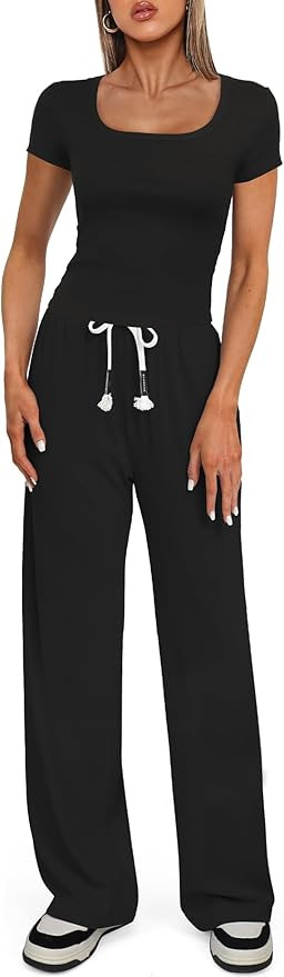 Darong Women's Two Piece Outfit Short Sleeve Scoop Neck T Shirts with Wide Leg Pants Active Track... | Amazon (US)