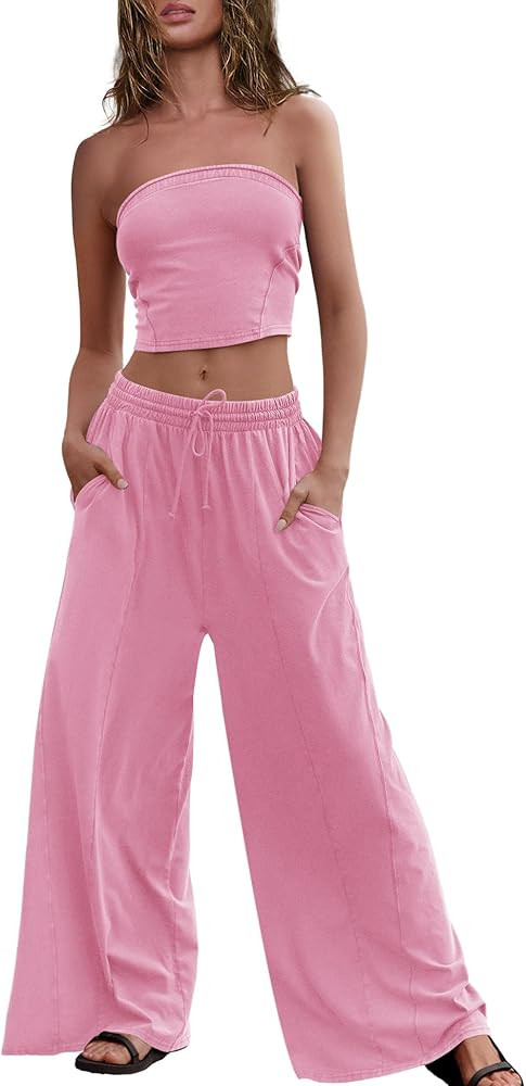 Panadila Womens Summer Lounge Sets 2 Piece Outfits Tube Top and Wide Leg Pants Matching Set Beach... | Amazon (US)