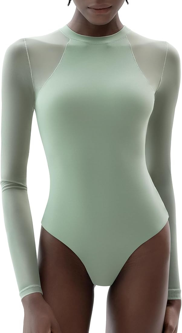 PUMIEY Mesh Long Sleeve Bodysuit for Women Crew Neck Body Suits Sexy Sheer Tops Smoke Cloud Colle... | Amazon (US)