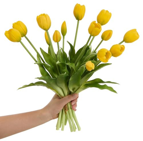 Amore Florals 15 pcs Yellow Tulips Artificial Flowers Faux Tulips Real Touch Latex Fake Flower Bouquet for Spring Wedding Home Décor Centerpiece Arrangements | Amazon (US)
