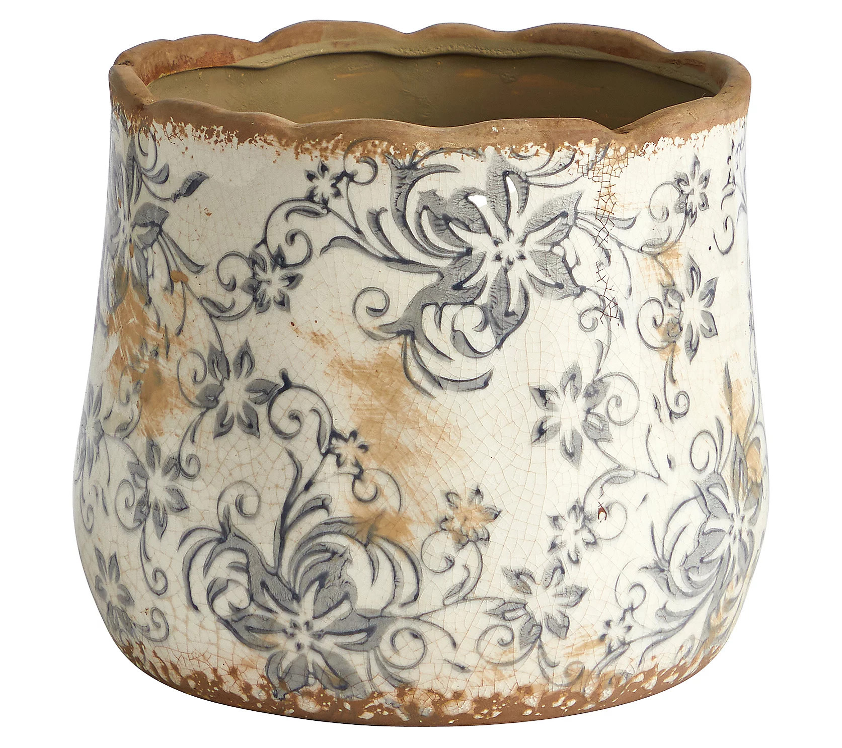 Nearly Natural 7"" Tuscan Ceramic Gray Scroll Pl anter | QVC