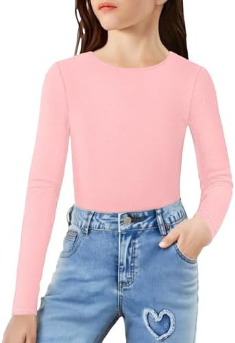 Arshiner Girls Long Sleeve Ribbed Knit Shirts Soft Slim Fit Crewneck Casual Base Layer Tops Tees | Amazon (US)