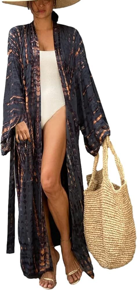Women Long Beach Kimono Curve Hem Loose open front Bathing suit cover up | Amazon (US)