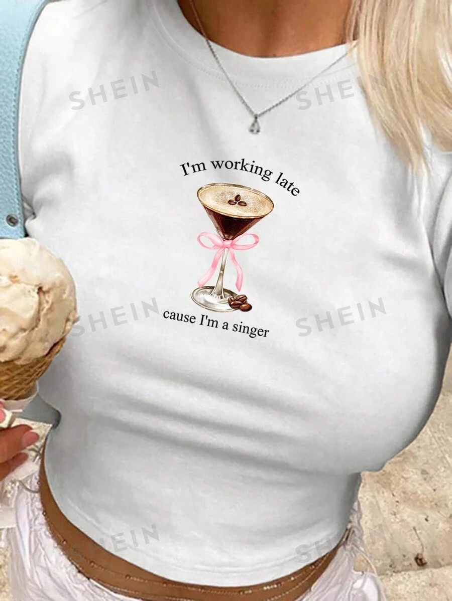 SHEIN EZwear Plus Size Women's Martini Cocktail Printed Crop Top T-Shirt, Summer | SHEIN