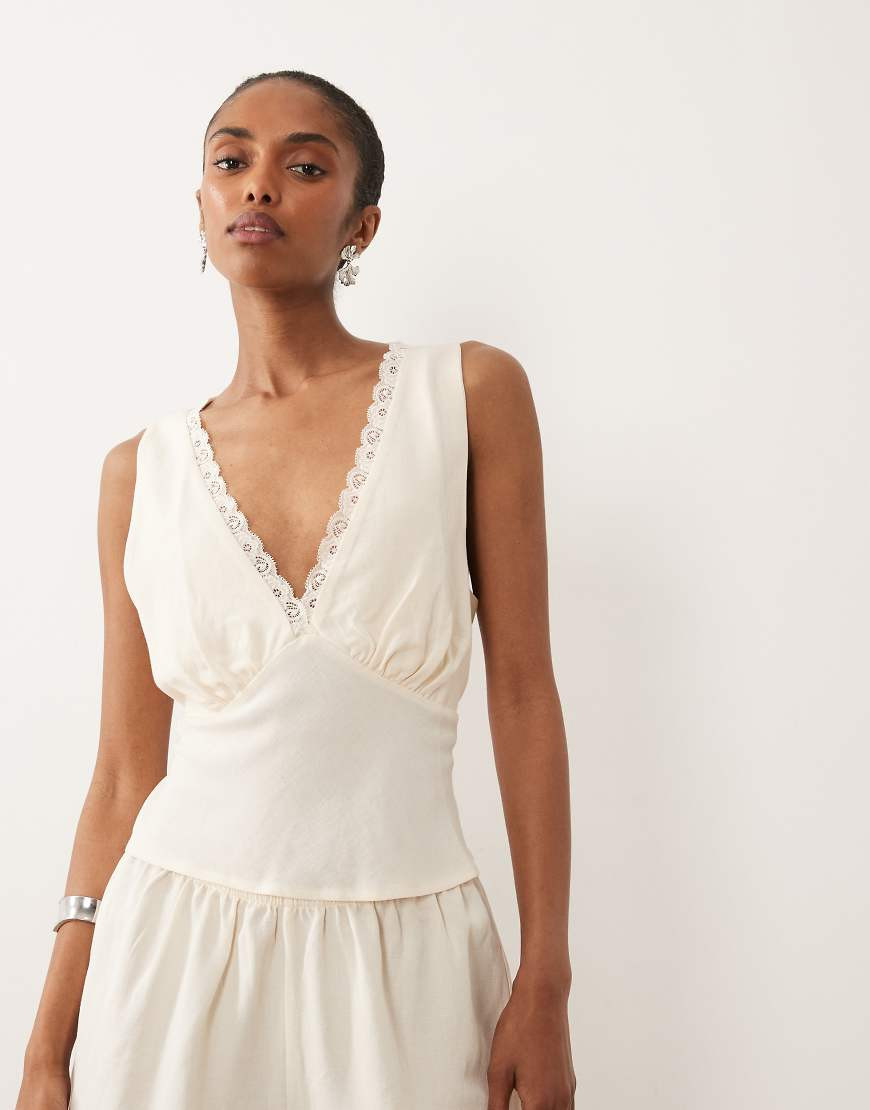 ASOS DESIGN linen look halter lace trim top in ivory-White | ASOS (Global)