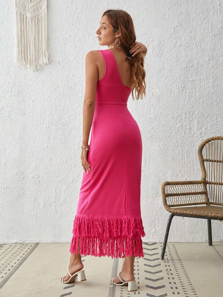 SHEIN VCAY One Shoulder Twist Front Fringe Hem Bodycon Dress | SHEIN