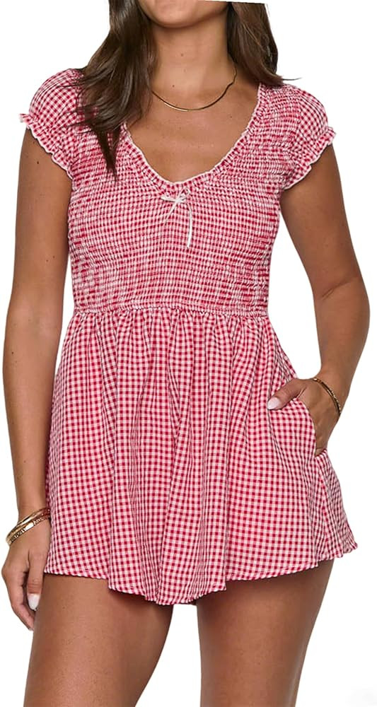 Summer Cute Gingham Shorts Romper Women Dressy Casual Boho Plaid Smocked Jumpsuit for Beach Vacat... | Amazon (US)