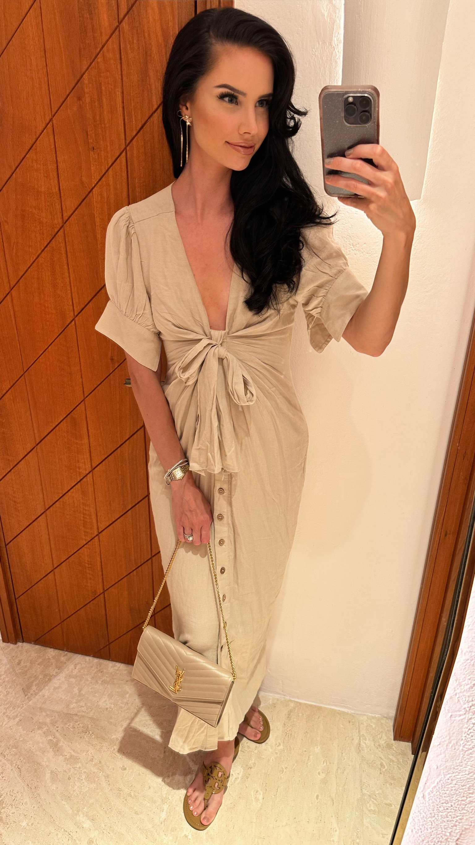 Beige/tan linen midi dress with puffed sleeves and a bow for dinner in Sardinia. Probably one of my favorite dresses on this vacation. Super comfortable. Wearing size XS. 

Vacation dress. Linen dress. Midi dress. Maxi dress. Flip flops. Sandals. Slides. 

#LTKshoecrush #LTKeurope #LTKtravel