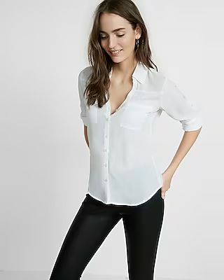 Express Womens Petite Slim Fit Convertible Sleeve Portofino Shirt White Women's Xxs Petite White Xxs Petite | Express