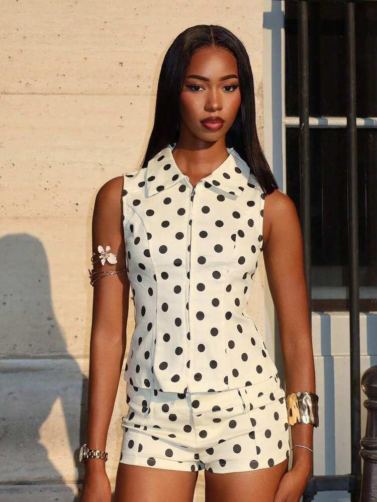 Mima John Zip Front Collar Sleeveless Cute Spring Summer Long Line Fitted Top Holiday Graduation Wedding Guest Back To School Fall Autumn | SHEIN