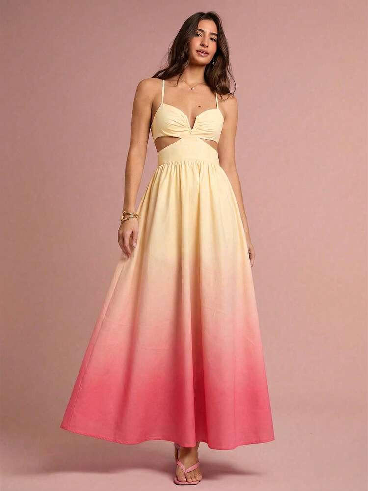Enchnt Women's Ombre Spaghetti Strap Hollow Out Gradient Sleeveless Fashion Dress Summer Formal Dress Long Pastel Dress Long Dress Vacation Ombre Dress Women Sunset Color Dresses | SHEIN