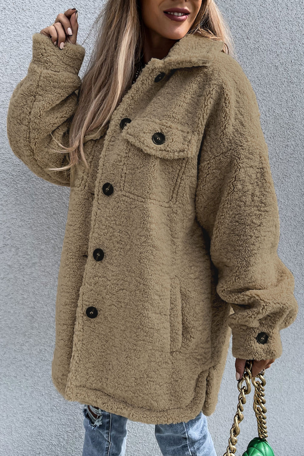 Camel Sherpa Turn Down Collar Flap Pocket Jacket | Shewin