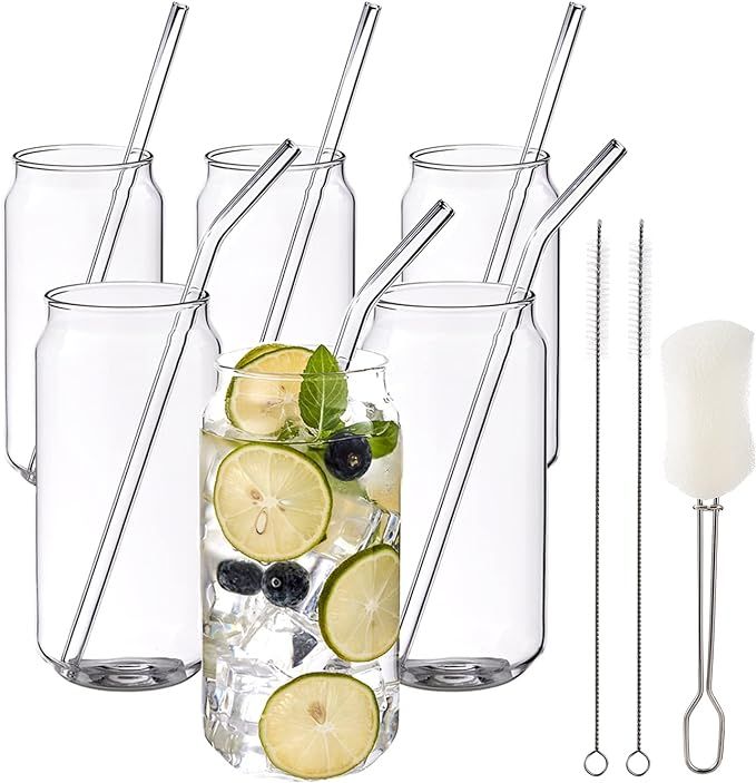 HEFBCOMK Drinking Glasses with Glass Straw 6pcs Set - 16oz Reusable Can Shaped Glass Cups, Beer G... | Amazon (US)