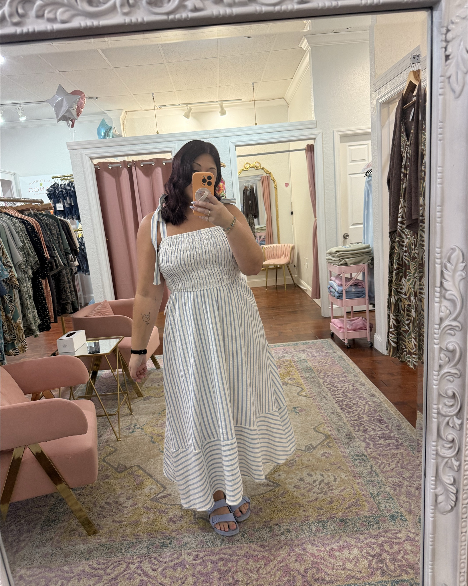 Easy, breezy, and made for sunny days ☀️ This striped midi dress is giving effortless chic with the cutest smocked top and flowy fit. Perfect for brunch, beach days, or strolling around town 🤍 Paired it with comfy slides for an easy everyday look!

Wearing a size large in the dress. 

#LTKTravel #LTKMidsize #LTKootd