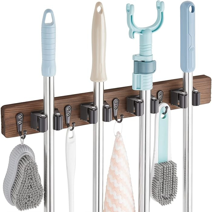 Mop and Broom Holder Wall Mount - Rustic Wood Broom Mop Hanger - Wall Mounted Garden Tool Rack Or... | Amazon (US)