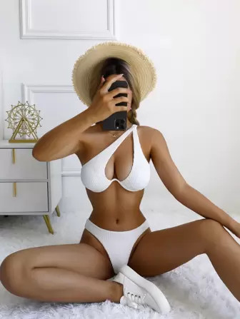 Textured Bikini Set Underwire One Shoulder Bra & High Cut Bottom 2 Piece Bathing Suit | SHEIN