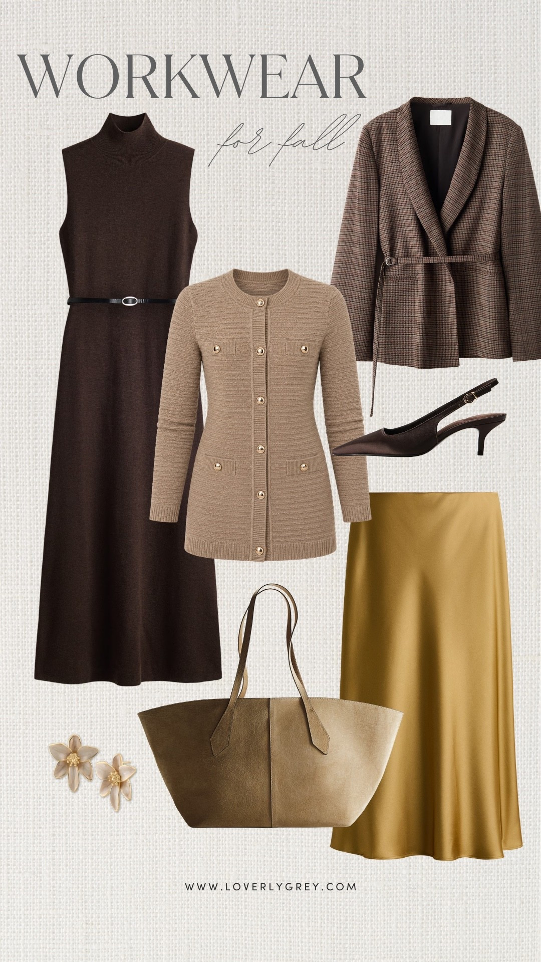 These fall workwear pieces are SO good. I love the rich chocolate brown, satin skirts, and tailored blazer for easy office outfits that still feel fun.