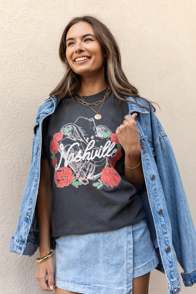 Nashville Vintage Rose Dark Grey Graphic Tee SALE | Pink Lily
