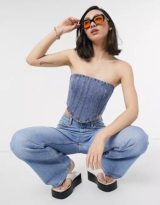 River Island denim layering corset top in mid blue | ASOS (Global)