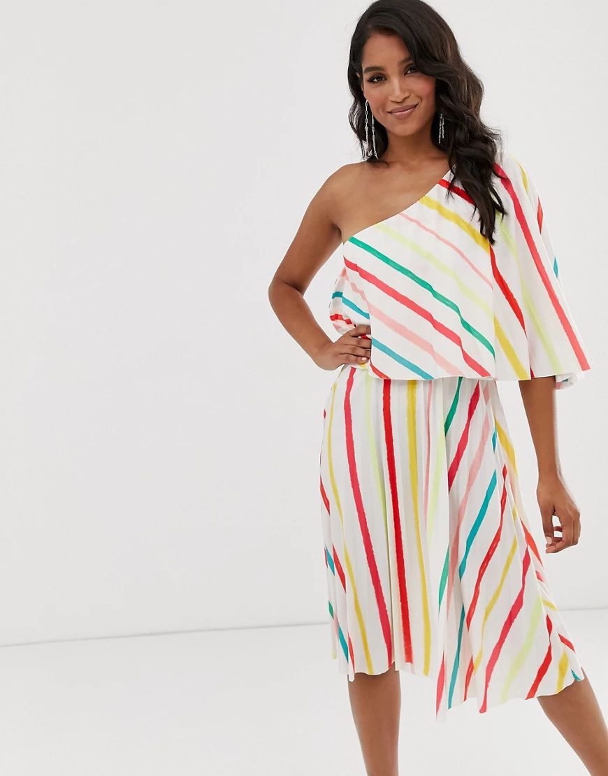 ASOS DESIGN striped one shoulder pleated crop top midi dress-Multi | ASOS (Global)