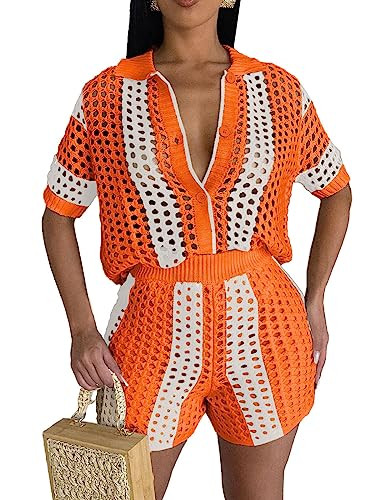 Alunzoem Casual 2 Piece Outfits Summer Color Block Knitted Loose Fit Button Up Shirt High Waist Bodycon Shorts Set Orange L | Amazon (US)