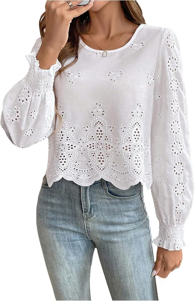 SHENHE Women's Boho Long Sleeve Tops Hollow Out Lace Embroidered Floral Blouse Shirts | Amazon (US)