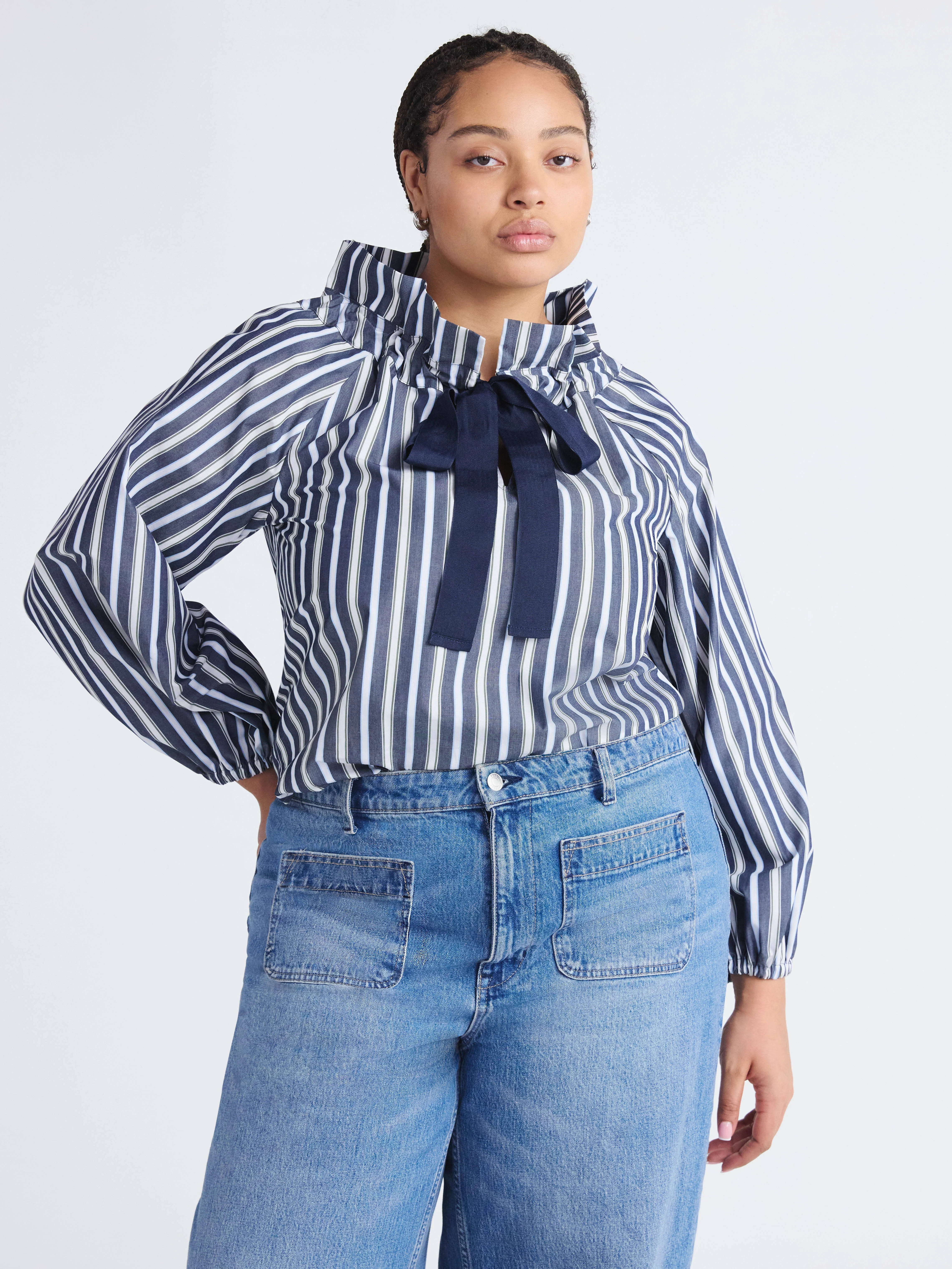 Free Assembly Women's and Women's Plus Size Ruffle Neck Cotton Top with Long Sleeves, XS-4X | Walmart (US)