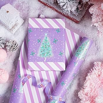 LeZakaa Christmas Purple Wrapping Paper Mini Roll, Christmas Tree Butterfly, Pink Purple Stripe R... | Amazon (US)
