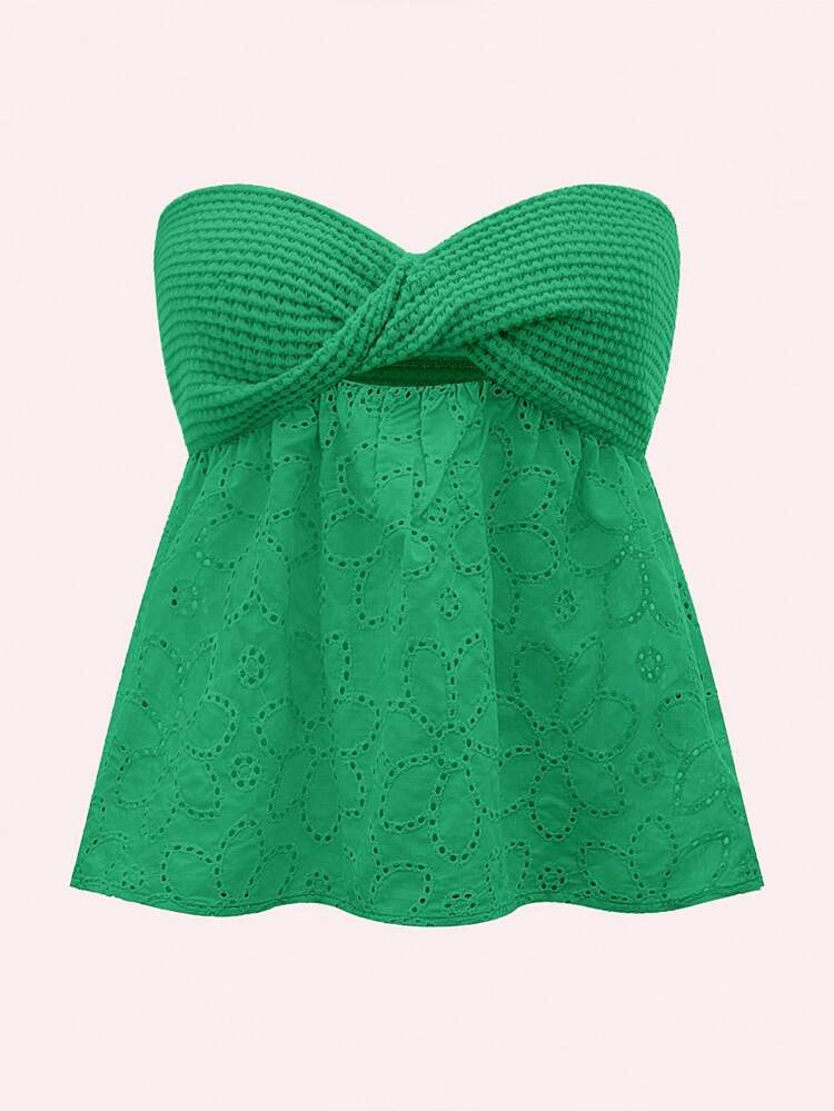 SHEIN VCAY Twist Front Cutout Eyelet Embroidery Top | SHEIN