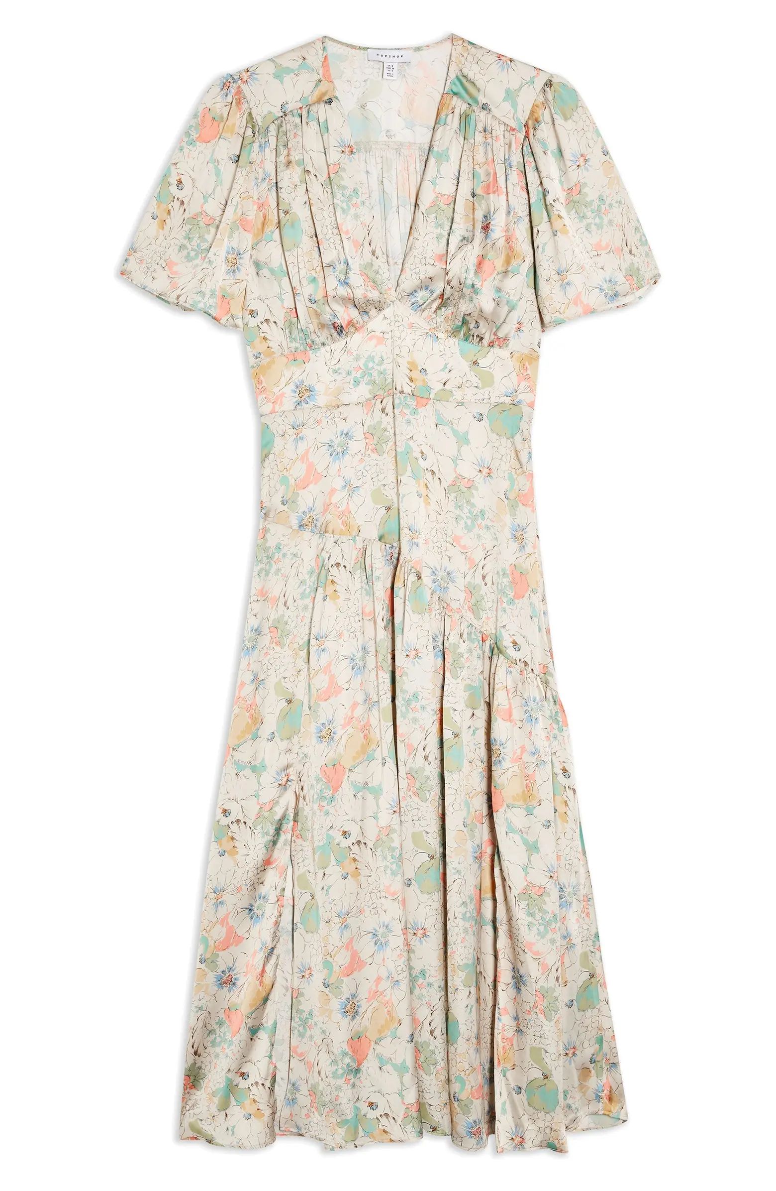 Willow Floral Angel Sleeve Satin Midi Dress | Nordstrom