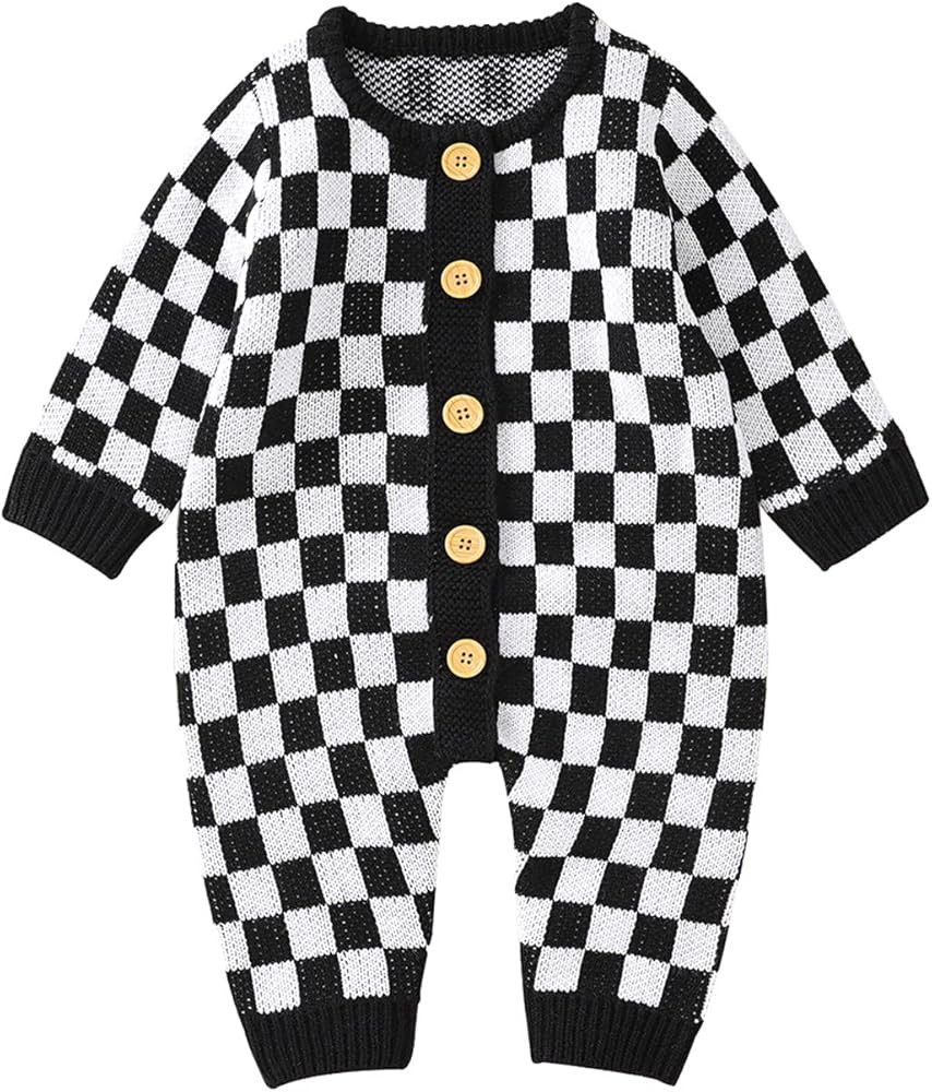 Amazon.com: Infant Baby Girl Boy Knitted Sweater Romper Jumpsuit Checkerboard Plaid Print Long Sl... | Amazon (US)