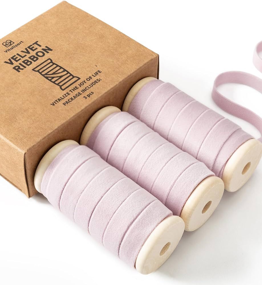Vitalizart Pink Velvet Ribbon Set 3/8" x 15Yd Wooden Spool Fabric Trim Eco-Friendly 3 Rolls * 5Yd... | Amazon (US)