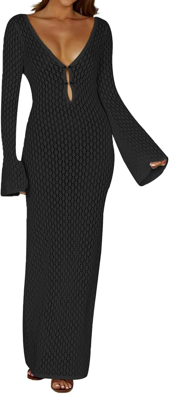 Leoparts Crochet Swimsuit Cover Up for Women Sexy V Neck Hollow Out Backless Maxi Dress Beach Bik... | Amazon (US)