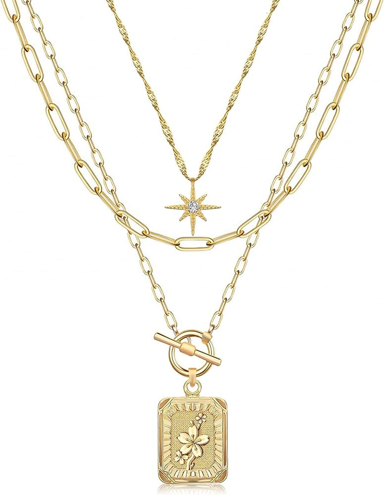 MJartoria Layered Necklaces for Women Trendy, 14K Gold Plated Simple Star Choker Square Flower Pe... | Amazon (US)
