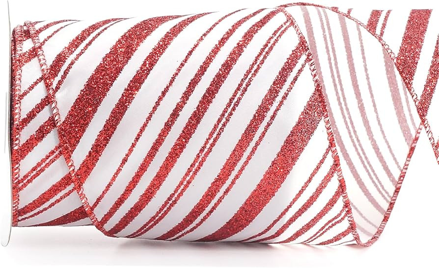 ALTIER 4 Inch x 10 Yards White Satin Red Glitter Stripes Wired Ribbon for Christmas Home Decorati... | Amazon (US)