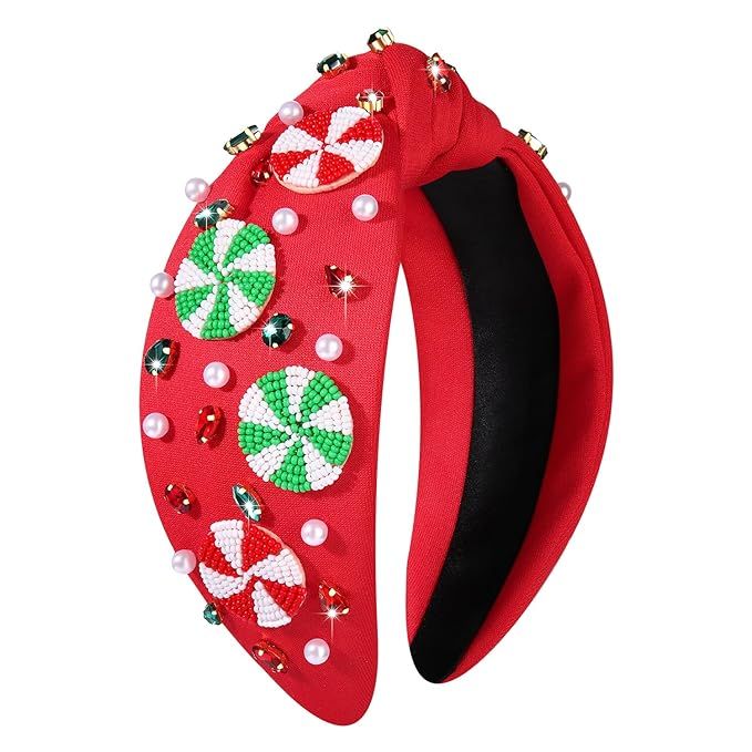 Christmas Headband for Women Red Green Rhinestone Crystal Jeweled Knotted Christmas Headband Acce... | Amazon (US)